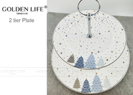 2 Tier Serving Tray Ceramic Dinner Plates Cookies Canapes With Christmas Tree Snow Pattern