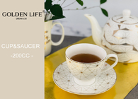 Porcelain 200ml Tea Cup Saucer Dishwasher Safe With Real Gold Geometrical Line