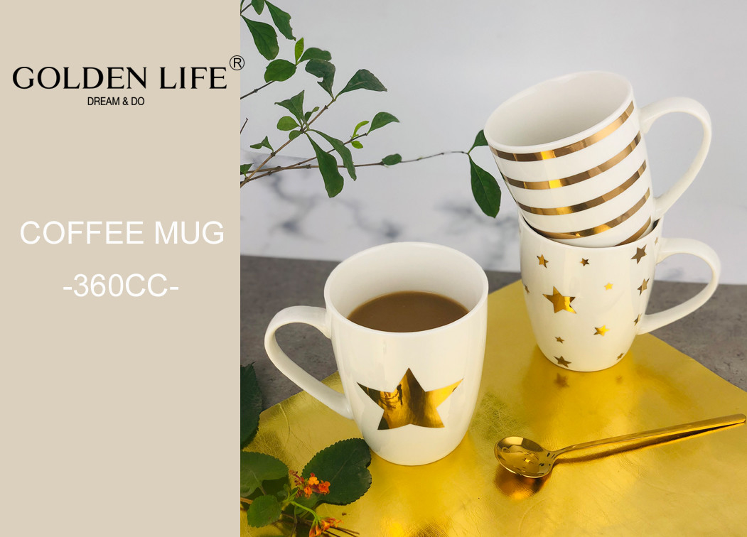 Ceramic Christmas Themed Mugs 360ML Capacity With Real Gold Star And Lines Pattern
