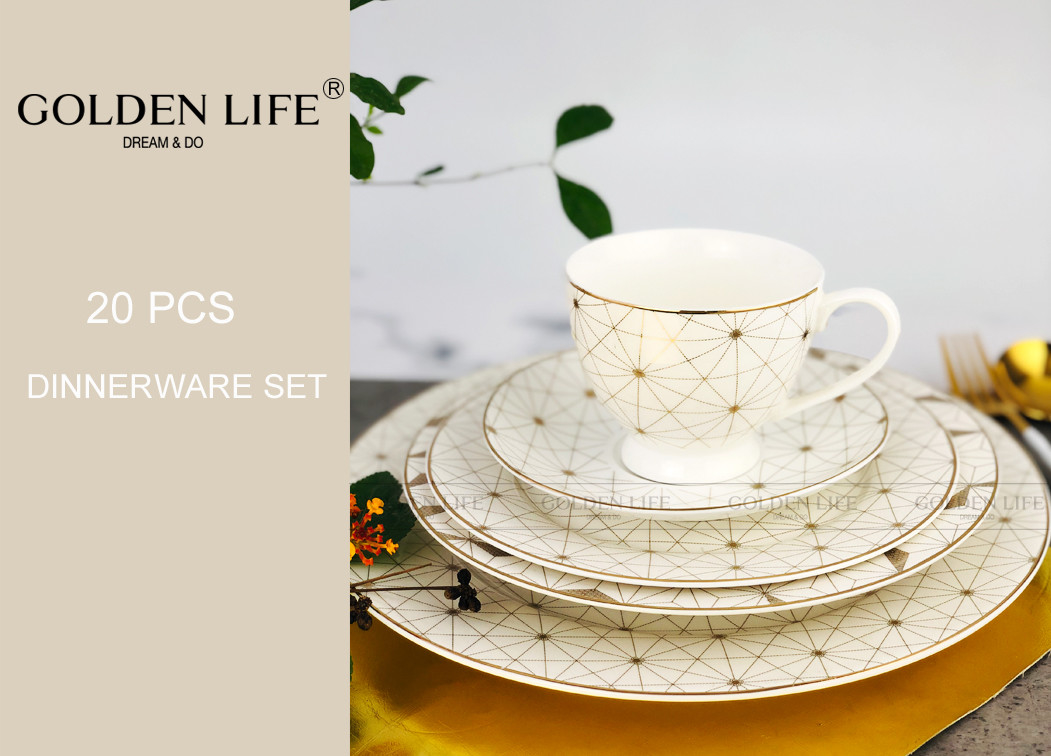 Porcelain Ceramic Dinnerware Sets Gold Design Morden Pattern Customized For 20 Pieces