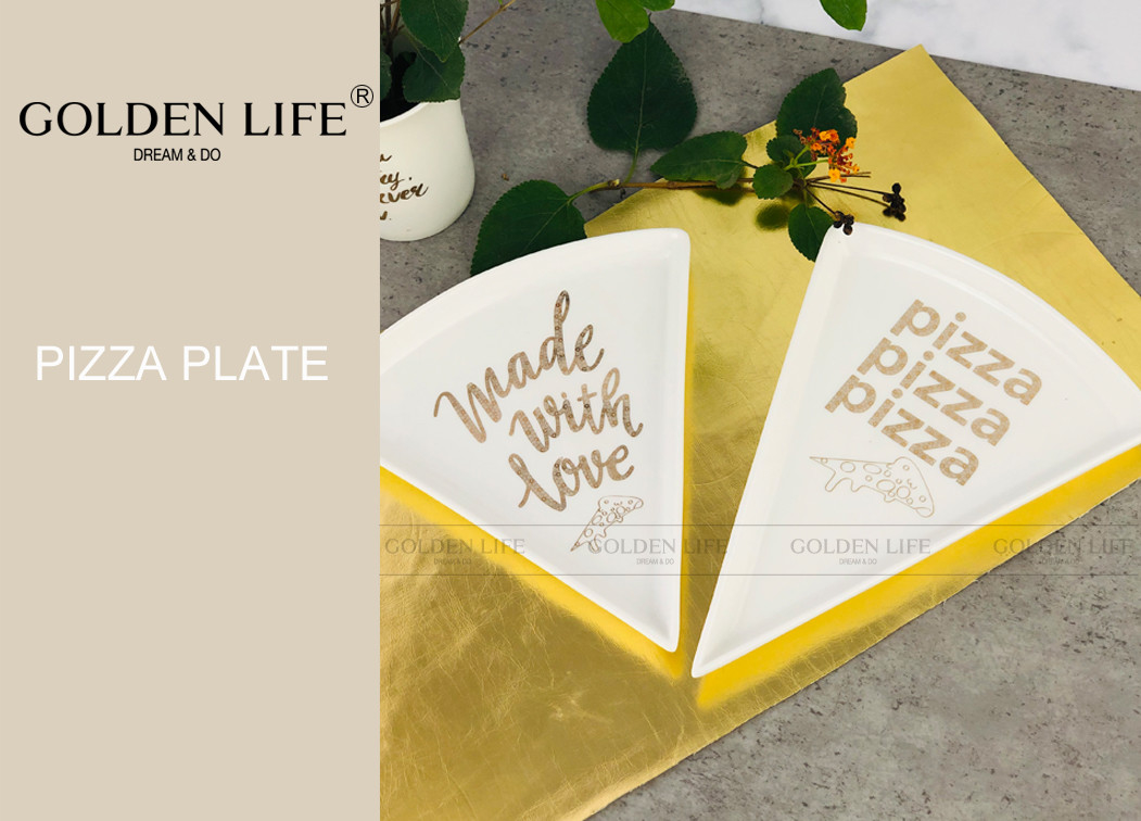 Personalized Ceramic Plate Bowl , Triangle Pizza Serving Plate Gold Pattern For Appetizer