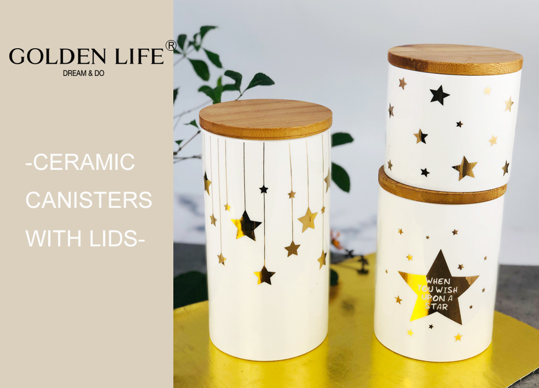 Porcelain 3 Piece Ceramic Gift Set Bamboo Lid Three Sizes With Gold Stars Design