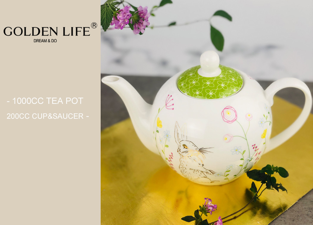 Teapot, Ceramic Floral Teapot 35oz Water Pot Coffee Pot Garden Style for Art Gift,Green