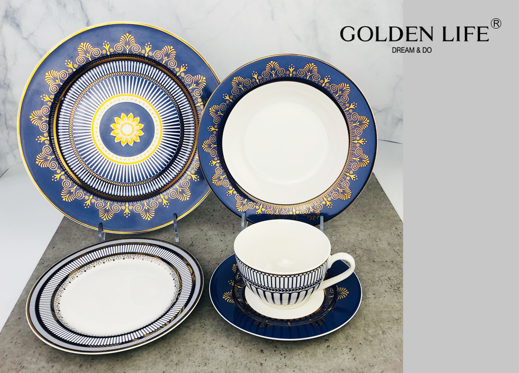 Sunflower Porcelain 20-pc. Dinner Set Service for 4, 24K Gold-plated New Bone China Tableware