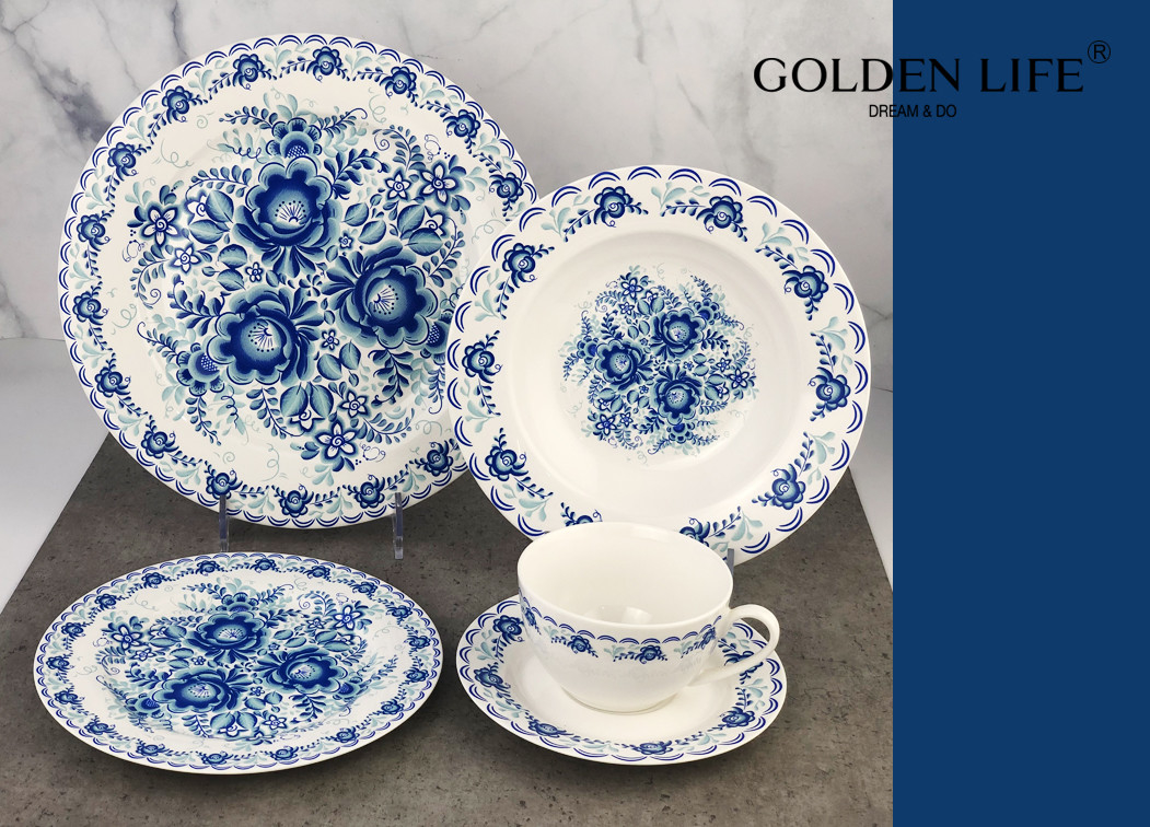 20-Piece Porcelain Tableware Set blue Decal Patterns Dinnerware Sets with Dinner Plate, Dessert Plate, soup plate, cup a
