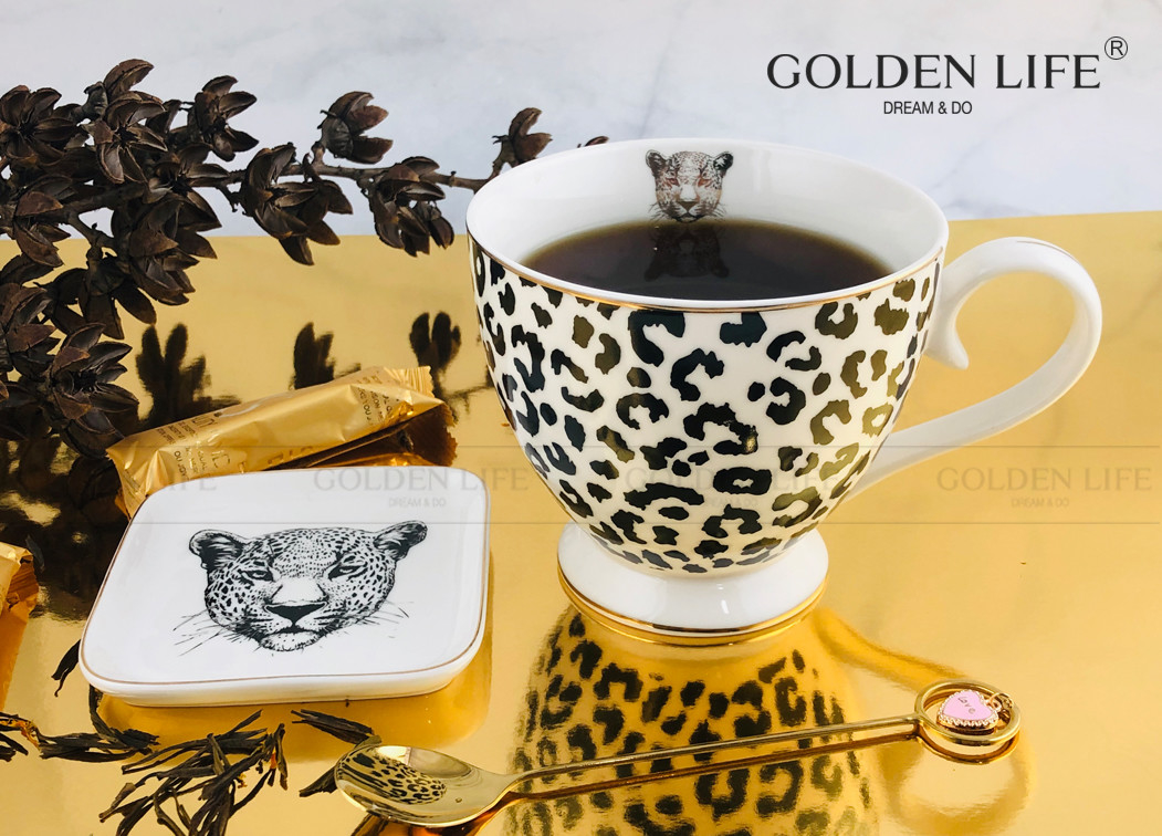 Ceramic Cup Animal Leopard Design with 9.5cm square Dish Footed coffee Mug