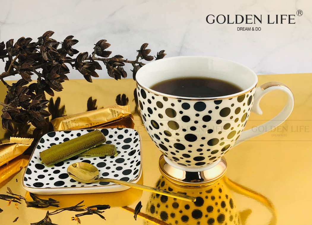 Fine Bone China Spot With Real Gold Design With 9.5cm Square Dish Footed Coffee Mug